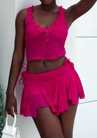 (Real Image)2024 Styles Women Lace Trimmed Vest Top with Irregular Skirt Set