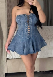 (Real Image)2024 Styles Women Stretch Denim Zipper Tied Bustier Mini Skirt with Ruffle Hem