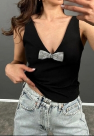 (Real Image)2024 Styles Women Glamorous Charm: Crystal-Embellished 3D Bow Deep V-Neck Sleeveless Top