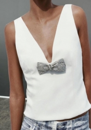 (White)2024 Styles Women Glamorous Charm: Crystal-Embellished 3D Bow Deep V-Neck Sleeveless Top