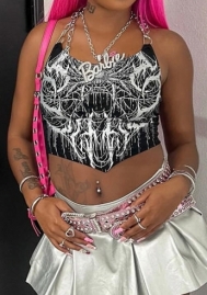 (Real Image,Only Tops)2024 Styles Women Exquisite Reveal: Backless Crop Top with Metallic Embellishments on a Halter Neck