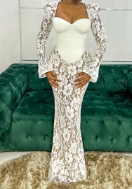 (Real Image)2024 Styles Women Lace-Trimmed Waist-Cinching Long-Sleeve Split Dress