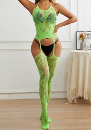 (Green)2024 Styles Women Crisscross Neck Floral Lace Bodysuit Stockings with Sheer Fabric and Suspender Straps