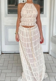 (Real Image)2024 Styles Women Sensational Lace Halter Neck Gown Set with Open Back and Ruffles