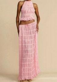 (Real Image)2024 Styles Women Sensational Lace Halter Neck Gown Set with Open Back and Ruffles