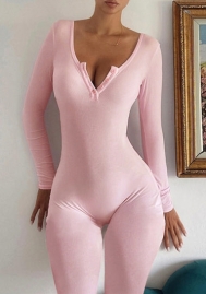 (Real Image)2024 Styles Women Autumn/Winter V-Neck Buttoned Long Sleeve Bodycon Jumpsuit