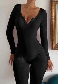 (Black)2024 Styles Women Autumn/Winter V-Neck Buttoned Long Sleeve Bodycon Jumpsuit