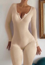 (Khaki)2024 Styles Women Autumn/Winter V-Neck Buttoned Long Sleeve Bodycon Jumpsuit