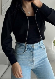 (Black,Only Tops)2024 Styles Women Autumn/Winter Zippered Hooded Knit Cardigan with Long Sleeves