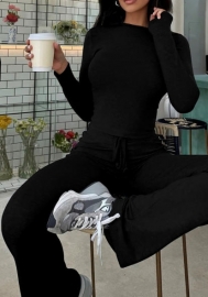 (Black)2024 Styles Women Cropped Halter Top with Front Tie and Slim Bootcut Pants: A Sporty Autumn/Winter Set