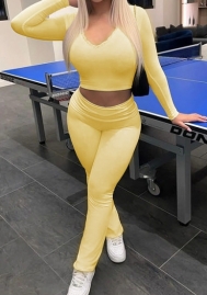 (Yellow)2024 Styles Women Simple and Casual Solid Color Lace-Trimmed V-Neck Matching Set
