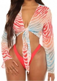 (Red)2024 Styles Women Floral Print Separate Swimsuit with Chiffon Cover-Up and High-Waisted Tied-Side Triangle Bikini Set