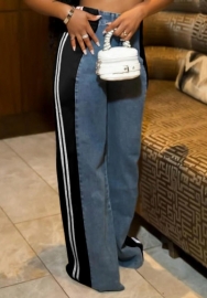 (Only Bottom)2025 Styles Women Trendy Striped Patchwork Wide-Leg High-Waist Denim Straight Pants