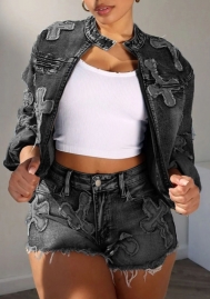 (Black)2025 Styles Women Embroidered Cross Shorts with Stretch Set