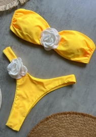 (Real Image)2025 Styles Women Yellow Solid Color 3D Flower Bikini with Sexy Open Back