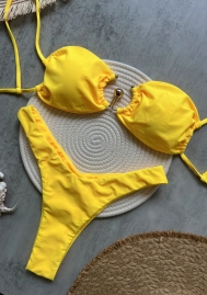 (Real Image)2025 Styles Women Yellow Metallic Trim Solid Bikini with Sexy Open Back