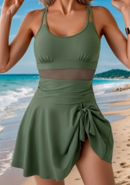 (Green)2025 Styles Women Two-Strap Mesh-Trimmed Fitted Skirt Romper Bikini
