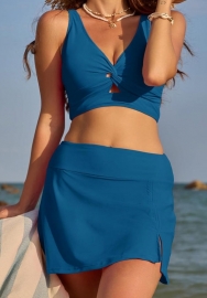 (Blue)2025 Styles Women Solid High-Waist Skirted Bikini