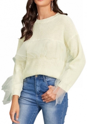 (Real Image)2022 Styles Women Fashion Summer TikTok&Instagram Styles Sweater Mesh Ruffle Long Sleeve Tops