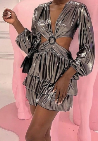 (Real Image)2023 Styles Women Sexy&Fashion Spring&Summer TikTok&Instagram Styles Silver Puff Long Sleeve Hem Mini Dress