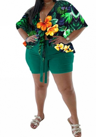 (Green)(Plus Size)2023 Styles Women Sexy&Fashion Spring&Summer TikTok&Instagram Styles Print Short Two Piece Suit
