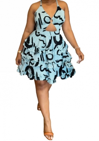 (Plus Size)(Blue)2023 Styles Women Sexy&Fashion Spring&Summer TikTok&Instagram Styles Print Ruffle Hem Mini Dress