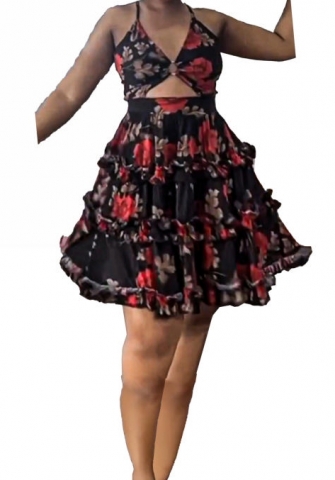 (Plus Size)(Black)2023 Styles Women Sexy&Fashion Spring&Summer TikTok&Instagram Styles Print Ruffle Hem Mini Dress