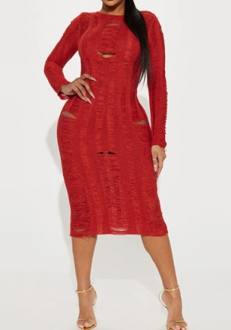 (Red)2023 Styles Women Sexy&Fashion Autumn/Winter TikTok&Instagram Styles Sweater Ripped Long Sleeve Maxi Dress