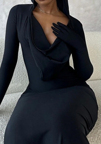 (Real Image)2023 Styles Women Sexy&Fashion Autumn/Winter TikTok&Instagram Styles Hoodie Black Maxi Dress