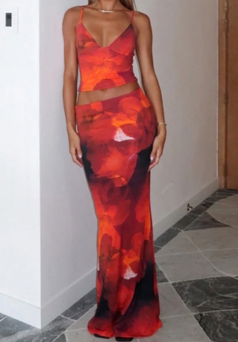 (Orange)2024 Styles Women Summer Fashion Floral Print Sexy V-Neck Cami and Bodycon Skirt Set