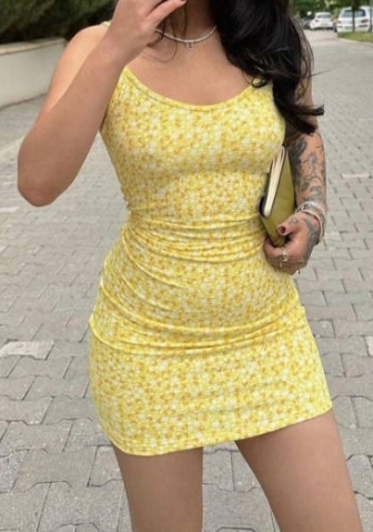 (Yellow)2024 Styles Women  Summer Fashion Sexy Backless Bodycon Spaghetti Strap Dress